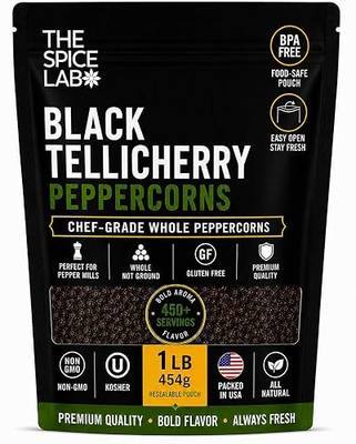 The Spice Lab Black Tellicherry Peppercorns for Grinder, 1 lb Bag | Steam Sterilized Kosher Non-GMO All Natural Black Pepper - Packed in the USA - Resealable Bag for Pepper Mill Refill
