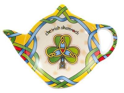 Royal Tara Ceramic Tea Bag Holder Teapot Shaped Tea Bag Plate with Clover, Trinity Knots and Celtic Colours