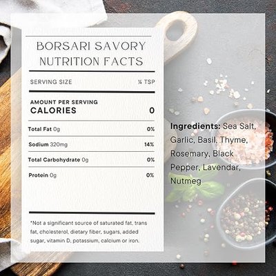 Borsari Savory Seasoned Salt Blend - Gourmet Sea Salt With Fresh Herbs and Spices - All Natural All Purpose Seasoning With Thyme and Lavender - 4 oz Shaker Bottle