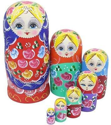 Winterworm Set of 7 Pieces Beautiful Lovely Wood Red Flower Girl with Blue Scarf Traditonal Russian Nesting Dolls Matryoshka Wishing Dolls Toy Gift Home Room Decoration