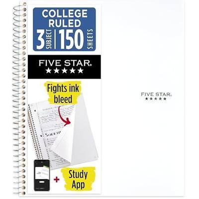 Five Star Spiral Notebook + Study App, 3 Subject, College Ruled Paper, 8-1/2" x 11", 150 Sheets, Fights Ink Bleed, Water Resistant Cover, White (72464)
