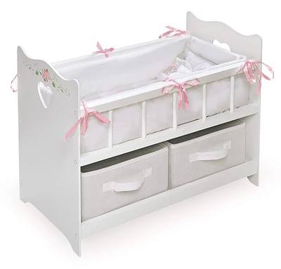 Badger Basket Wooden Doll Bed with Bed Liner, Pillows and Two Storage Baskets - Fits 18" Dolls - Ideal for Pretend Play and Baby Doll Fun - White/Rose Design with Free Personalization Kit