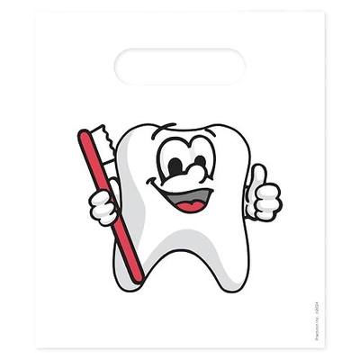 Practicon Tootie Tooth 7-3/4" x 9" Dental Patient Bag, Dental Hygiene Patient Care Care Bag, Dentist Office Plastic Bags, 100 Pack