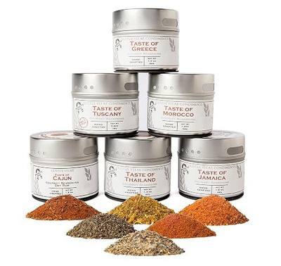 Gourmet World Flavors Seasoning Collection | Non GMO Verified | 6 Magnetic Tins | Spice Blends | Crafted in Small Batches by Gustus Vitae | #68 | Gourmet Spice Blend | Gift Set | Non GMO | No MSG | No Fillers | Handmade in USA | Magnetic Tin | Small Batch | All Natural