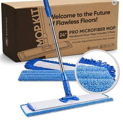 Microfiber Wholesale 24" Professional Microfiber Flat Mop – Wet, Dry & Dust for Hardwood, Vinyl Plank, Laminate & Tile – Commercial Flat Mop System, 64" Stainless Handle, 3 Reusable Pads