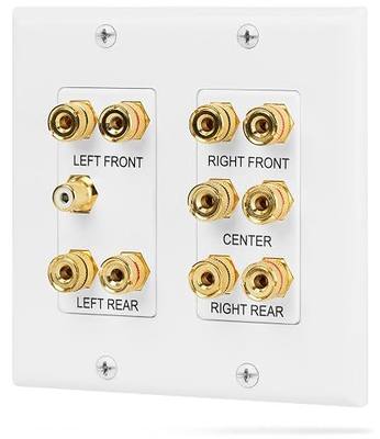 Fosmon 2-Gang 5.1 Surround Distribution Home Theater Wall Plate, White | Gold Plated Copper Banana Binding Post Coupler Outlet Faceplate for Speakers and RCA Jack Subwoofer Wire Connections