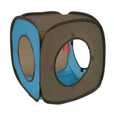 Kitty City Pop-Up Rolling Cat Cube & Tunnel Toy, Collapsible Indoor Cat Play Cube with Peekaboo Openings & Hanging Tassel, Lightweight Foldable Cat Furniture - Blue/Brown
