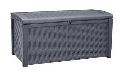 Keter Outdoor Storage Deck Box for Patio, Backyard & Garden, Borneo, 110 Gal, Grey - Lockable, Organizing, and Waterproof Plastic Container Bench