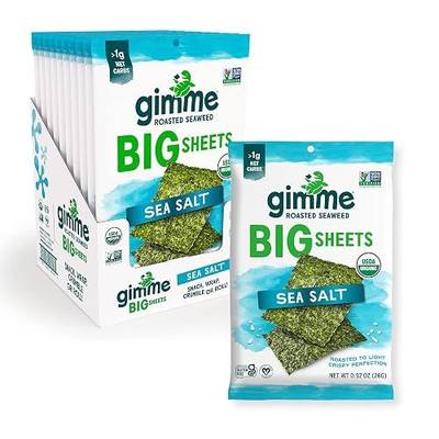 Gimme Seaweed Organic Premium Roasted Seaweed Big Sheets, Sea Salt, Keto, Vegan, Gluten-Free, Great Source of Omega3s and Iodine, Healthy On-The-Go Snack for Kids and Adults, 0.92oz (Pack of 10)