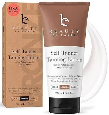 Beauty by Earth Self Tanner - USA Made with Natural & Organic Ingredients | Moisturizing Self Tanning Lotion with Aloe Vera & Coconut for a Natural Glow, Streak-Free Fake Tan (Medium)