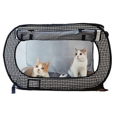 Necoichi Stress-Free Enclosure Cat Travel Carrier Cage 31.8" L x 20.0" W x 20.0" H Collapsible Gray White Stripes | Pop up Kannel, Crates