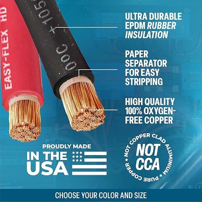 TEMCo 4 Gauge AWG 25 Ft Black + 25 Ft Red Flexible Pure Copper Made in USA Welding Cable Battery Wire - Heavy Duty Solar, Inverter, Car, RV, Truck