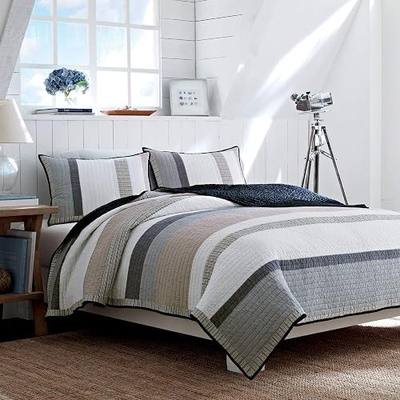Nautica - Queen Quilt, Cotton Reversible Bedding, Bedding for All Seasons (Tideway Tan/Grey, Queen)