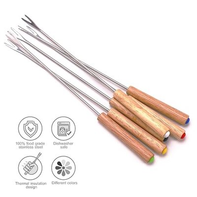 6 PCS Fondue Forks, Stainless Steel 9.5 Inch for Chocolate and Cheese | Color-coded Handles; Heat-resistant Wooden Grip; Ideal for Chocolate Fondue & Cheese Dipping; Perfect for Party and Dessert