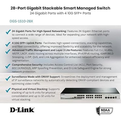 D-Link 28-Port Gigabit Stackable Smart Managed Switch with 10G Uplinks | 24 Gigabit + 4 10GbE SFP+ Ports| L2+/L3 Lite |VLANs |Web Managed |Surveillance Mode |NDAA Compliant (DGS-1510-28X)