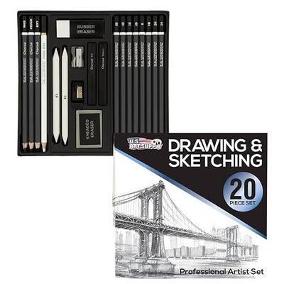 U.S. Art Supply 20 Piece Professional Hi-Quality Artist Sketch Set in Hard Storage Case - Sketch & Charcoal Pencils, Pastel, Stumps, Eraser, Sharpeners