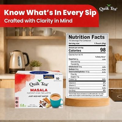 QuikTea Instant Masala Chai Tea Latte, 10 Single-Serve Sachets, Artisanal Indian Chai Latte Mix, Just Add Hot Water, Low Caffeine, Non-GMO, Gluten Free.