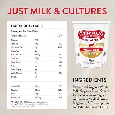 Straus Family Creamery Organic Greek Whole Milk Yogurt, Thick and Creamy, Simple Ingredients, 32oz