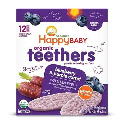 Happy Baby Organics Baby Snacks, Gentle Teething Wafers, Gluten Free & Vegan, Blueberry & Purple Carrot, 12 Count (Pack of 6)