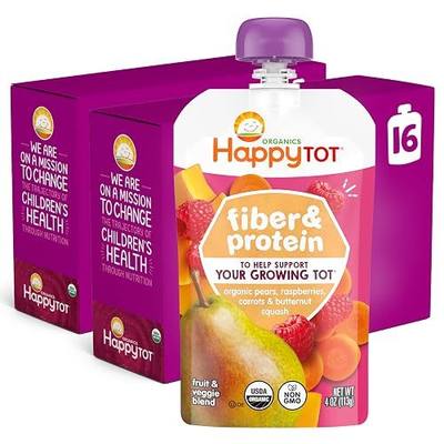 Happy Tot Organics Stage 4 Baby Food Pouches, Gluten Free, Vegan Snack, Fiber & Protein Fruit & Veggie Puree, Pears, Raspberries, Butternut Squash & Carrots, 4 Ounce(Pack of 16)