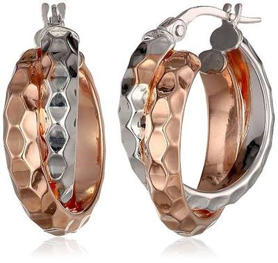 Amazon Collection Rose Gold Plated Sterling Silver Two-Tone 15mm Hammered Interlocking Round Hoop Earrings