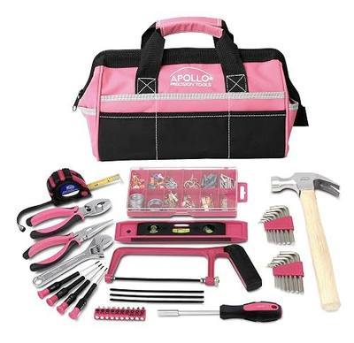 Apollo Tools 201 Piece Home Tool Set, Pink Tool Set Includes Hacksaw, Picture Hanging Assortment, and Selection of Most Needed Tools in Sturdy Tool Bag - Pink Ribbon - DT0020P