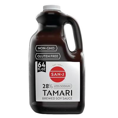San-J Tamari Soy Sauce, 28% Less Sodium, Gluten Free, Bulk Pantry, 64 oz | Reduced Salt, Rich Umami, No Wheat, Kosher, Specially Brewed, Value Size