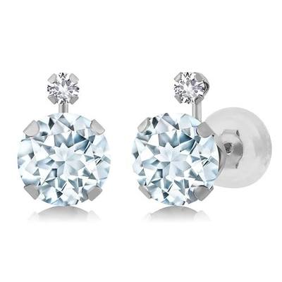 Gem Stone King 14K White Gold Sky Blue Aquamarine and White Created Sapphire Earrings For Women | 1.58 Cttw | March Birthstone | Round 6MM | Fine Jewelry Gifts for Women Mom Wife Her
