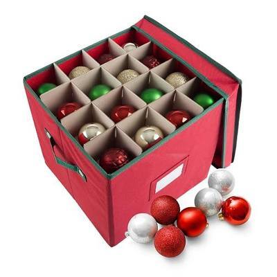 Christmas Decor Storage Box - Red Oxford Canvas Ornament Cube Chest With 64 Compartment Dividers, Riveted Handles, and Lid by Elf Stor