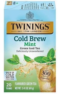 Twinings Cold Brewed Iced Tea - Mint Flavored Green Tea with Peppermint Leaves, Caffeinated Green and Black Tea Extracts, Unsweetened Cold Brew Tea Bags Individually Wrapped, 20 Count | Fresh-Brewed Unsweetened Green & Black Tea with Peppermint in Minutes, Caffeinated, 20 Foil Lined Individually Wra