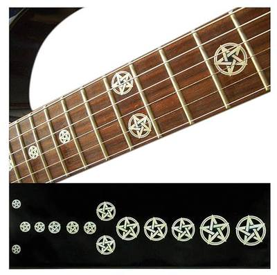 Jockomo Pentagram Guitar Inlay Sticker | White Pearl pentagram markers replace plain fretboard dots with bold, dark inlay-style accents for guitar and bass.