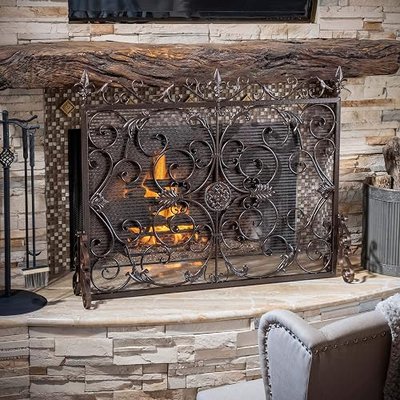 Christopher Knight Home Wilmington Fireplace Screen, Gold Flower On Black