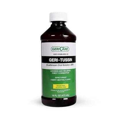 GeriCare Geri-Tussin Guaifenesin Oral Liquid Solution, Sugar-Free, Alcohol-Free Cough and Cold Relief Syrup, Helps Clear Chest Congestion, 16 Ounce Bottle (Pack of 1)