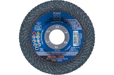 PFERD POLIFAN®-Curve Radial Type Flap Disc - 4-1/2" x 7/8", 40 grit Zirconia, Welding Accessory and Angle Grinder Attachment - for Steel and Stainless Steel (INOX) Grinding - Pack of 1 - Part 67192