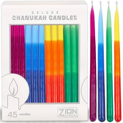 Zion Judaica Colorful Hanukkah Candles Set of 45 0.38" Standard Size Chanuka Candles 5.5" Exciting Menorah Candle Bundles Tri-Color Decorative Tapered Quality Chanukah Candle Set