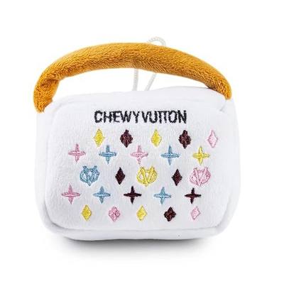 Haute Diggity Dog Chewy Vuiton Handbag Plush Dog Toy, Designer Parody Toy | Soft & Durable Stuffed Chew Toys with Interactive Squeaker for Small to Medium Dogs, Machine-Washable, White, Small