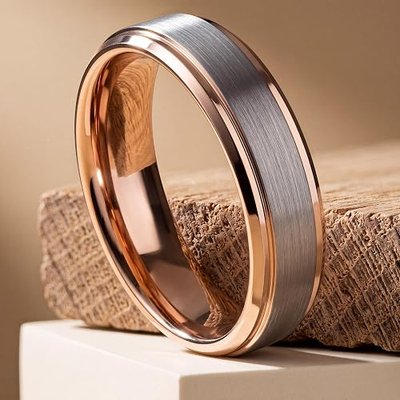 Tungsten Wedding Band Ring 6mm Men Women Comfort Fit 18k Yellow Rose Gold Grey Black Step Bevel Edge Brushed Polished