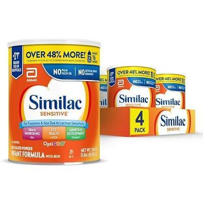 Similac Sensitive Infant Formula, for Fussiness & Gas Due to Lactose Sensitivity, Baby Formula Powder, 29.8-oz Value Can, Pack of 4