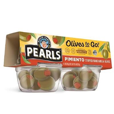 Pearls Olives To Go! Pimiento Stuffed Manzanilla Olives, 1.6 oz Snack Cups | California Grown, Non-GMO, Gluten-Free, Liquid-Free Cup, Easy Open, Ready-to-Eat Olive Snacks