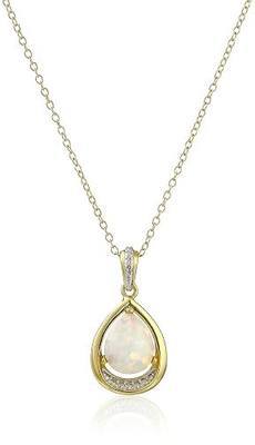 Amazon Collection 18k Yellow Gold Plated Sterling Silver Created Opal and Diamond Accent Teardrop Pendant Necklace, 18"