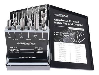 Accusize Industrial Tools HSS Tap and Drill Set, Metric, 18 Pc, 0001-0052 | 18 Pc HSS Tap and Drill Set, Metric, Taps: M2.5x0.45 to M12x1.75, Drills: 2.05 to 10.20 mm, Fully Ground