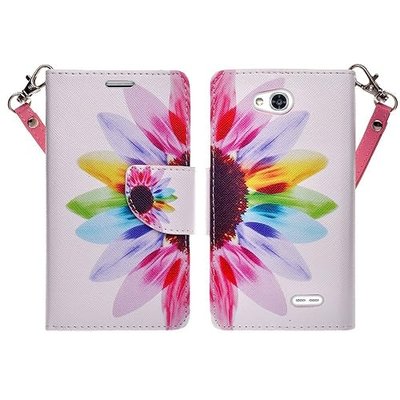 LG OPTIMUS L70 Exceed 2 Realm Pulse Ultimate 2 Case, Magnetic Closure Leather Flip Wallet Case with 2 Card Slots, Cash Compartment and Detachable Wrist Strap for LG Optimus L70 Wallet Case (SUN FLOWER WALLET)