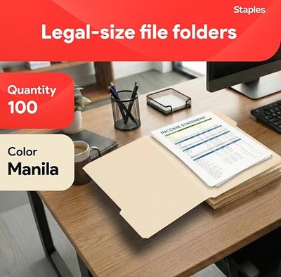 Staples File Folders, 1/3-Cut Tab, Assorted Position, Legal Size, Perfect for Home, Office, Classroom, 100-Pack, Manila