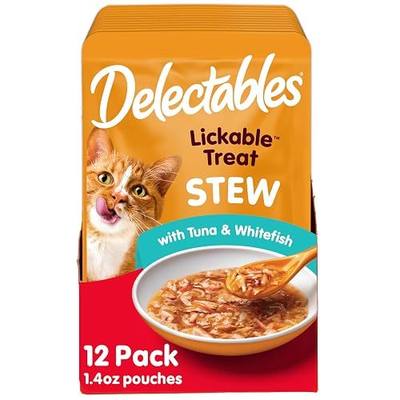 Delectables Lickable Treat Stew Wet Cat Treat with Real Tuna & Whitefish, Food Topper, Hydrating, Grain-Free, No Fillers, No By-Products, No Added Preservatives, 1.4oz Pouch, 12ct