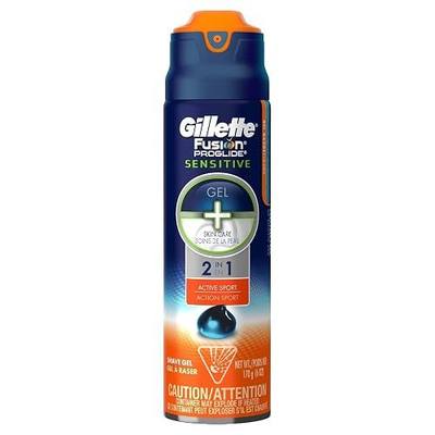 Gillette Fusion ProGlide Sensitive 2 in 1 Shave Gel, Active Sport, Blue, 6 Oz