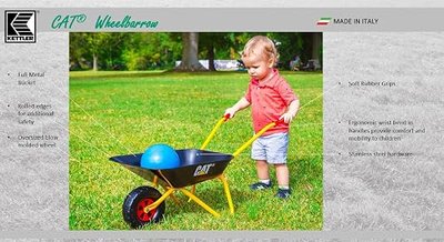 Rolly CAT Kids Wheelbarrow Ride On - Rust-Resistant Seamless Steel Tub with Rubber Hand Grips