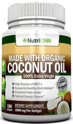 NutriONN Organic Coconut Oil Capsules - 180 Softgels - 4000 MG Daily - Cold-Pressed Extra Virgin Coconut Oil - Certified USDA Organic - Great for Hair, Skin and Acne