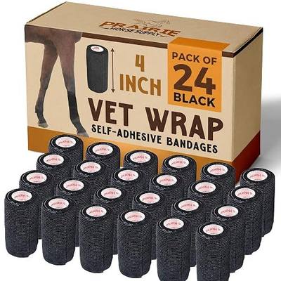 24 Pack Premium Vet Wrap - Self Adhesive Bandage Wrap & Athletic Tape - 4" x 5 Yards Elastic & Self-Sticking Cohesive Bandage for Pets, Sports, Wrists & Ankles - Black by Prairie Horse Supply