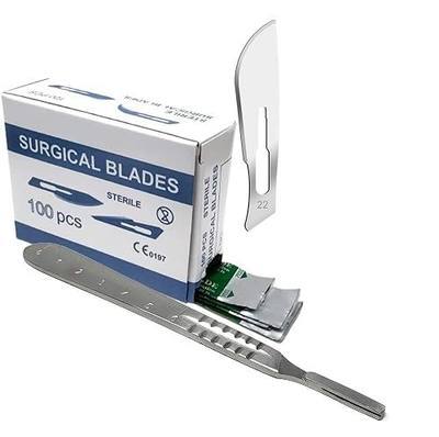 100 SCALPEL STERILE BLADES #22 WITH FREE SCALPEL HANDLE #4 (HTI BRAND)
