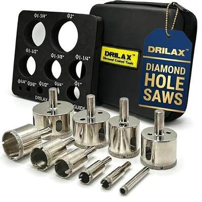 Drilax Diamond Hole Saw Kit for Tile and Glass, 10 Pc Drill Bit Set 1/4 to 2 Inch with Guide, Ceramic Porcelain Granite Stone Core Bits for Drill, Circle Cutter for Faucet Drain Installation | Drill Guide Storage Case Porcelain Ceramic Countertops Marble Faucet Wet Drilling Planter Holes DIY Plumbin